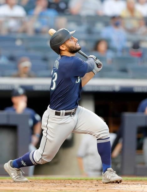 Abraham Toro of the Seattle Mariners in action against the New York Yankees at Yankee Stadium on August 05, 2021 in New York City. The Yankees...