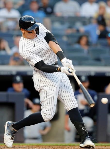Aaron Judge of the New York Yankees in action against the Seattle Mariners at Yankee Stadium on August 05, 2021 in New York City. The Yankees...