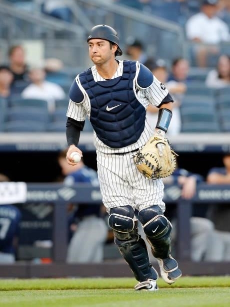 Kyle Higashioka of the New York Yankees in action against the Seattle Mariners at Yankee Stadium on August 05, 2021 in New York City. The Yankees...