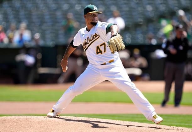 Frankie Montas of the Oakland Athletics pitches against the San Diego Padres in the top of the first inning at RingCentral Coliseum on August 04,...