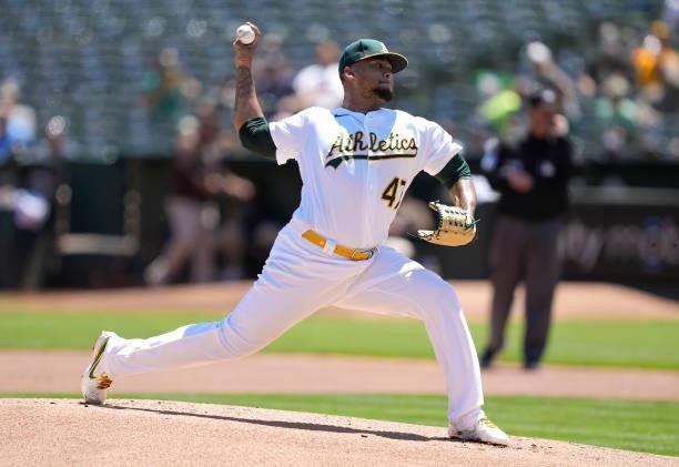 Frankie Montas of the Oakland Athletics pitches against the San Diego Padres in the top of the first inning at RingCentral Coliseum on August 04,...