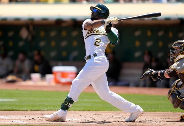Starling Marte of the Oakland Athletics bats against the San Diego Padres in the bottom of the first inning at RingCentral Coliseum on August 04,...