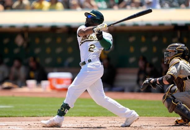 Starling Marte of the Oakland Athletics bats against the San Diego Padres in the bottom of the first inning at RingCentral Coliseum on August 04,...