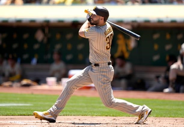 Eric Hosmer of the San Diego Padres bats against the Oakland Athletics in the top of the second inning at RingCentral Coliseum on August 04, 2021 in...