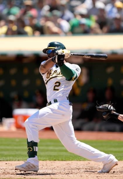 Starling Marte of the Oakland Athletics bats against the San Diego Padres in the bottom of the third inning at RingCentral Coliseum on August 04,...