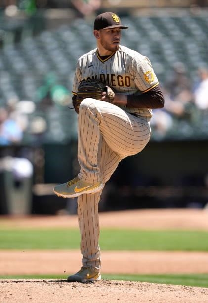 Joe Musgrove of the San Diego Padres pitches against the Oakland Athletics in the bottom of the third inning at RingCentral Coliseum on August 04,...