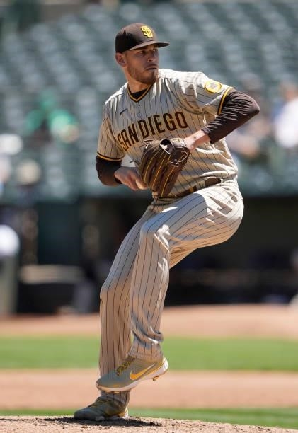 Joe Musgrove of the San Diego Padres pitches against the Oakland Athletics in the bottom of the third inning at RingCentral Coliseum on August 04,...