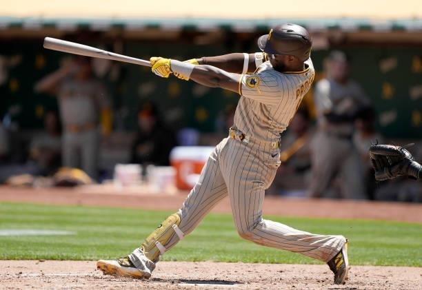 Jurickson Profar of the San Diego Padres bats against the Oakland Athletics in the top of the fourth inning at RingCentral Coliseum on August 04,...