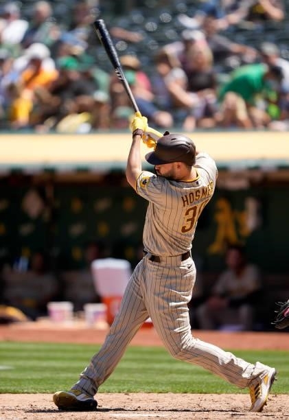 Eric Hosmer of the San Diego Padres bats against the Oakland Athletics in the top of the six inning at RingCentral Coliseum on August 04, 2021 in...