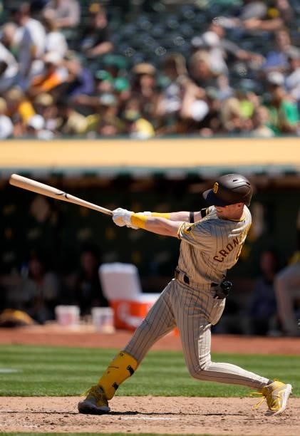 Jake Cronenworth of the San Diego Padres bats against the Oakland Athletics in the top of the eighth inning at RingCentral Coliseum on August 04,...
