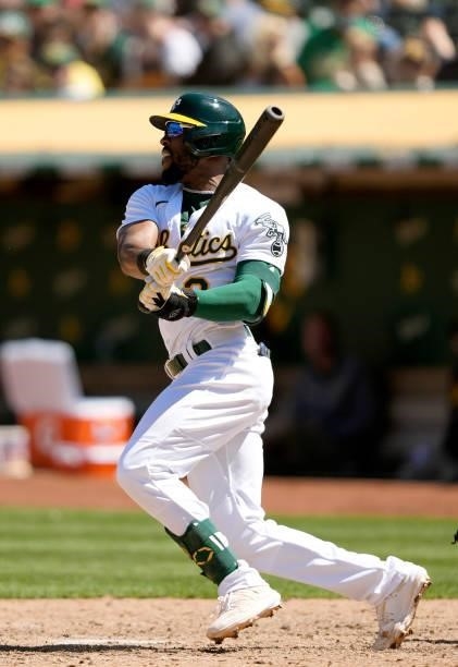 Starling Marte of the Oakland Athletics bats against the San Diego Padres in the bottom of the eighth inning at RingCentral Coliseum on August 04,...