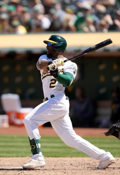 Starling Marte of the Oakland Athletics bats against the San Diego Padres in the bottom of the eighth inning at RingCentral Coliseum on August 04,...