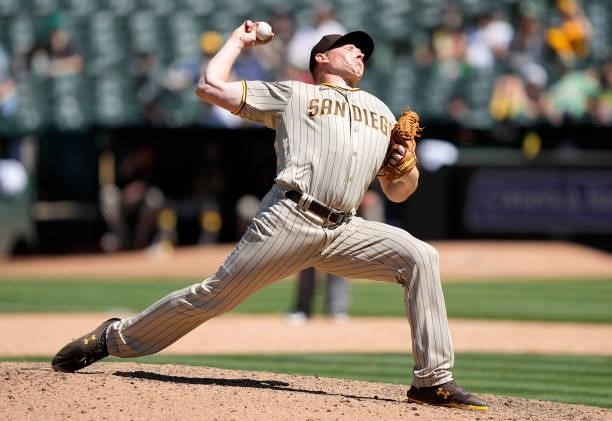 Mark Melancon of the San Diego Padres pitches against the Oakland Athletics in the bottom of the ninth inning at RingCentral Coliseum on August 04,...