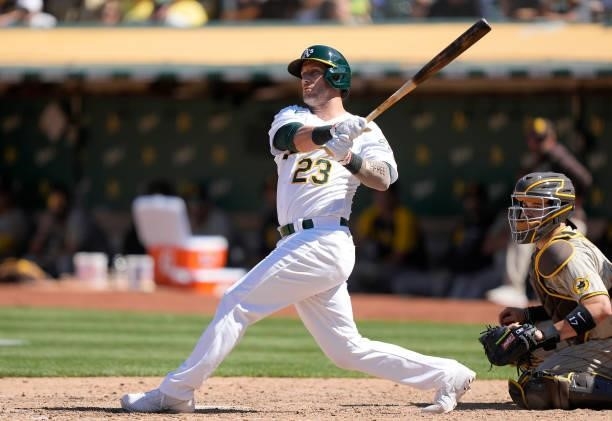 Yan Gomes of the Oakland Athletics bats against the San Diego Padres in the bottom of the ninth inning at RingCentral Coliseum on August 04, 2021 in...
