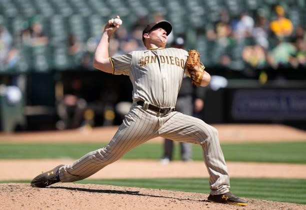 Mark Melancon of the San Diego Padres pitches against the Oakland Athletics in the bottom of the ninth inning at RingCentral Coliseum on August 04,...