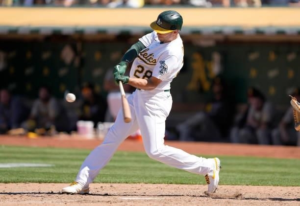 Matt Olson of the Oakland Athletics hits a walk-off two-run RBI double in the bottom of the tenth inning to defeat the San Diego Padres 5-4 at...