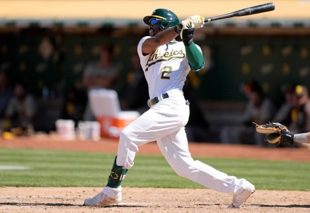 Starling Marte of the Oakland Athletics bats against the San Diego Padres in the top of the tenth inning at RingCentral Coliseum on August 04, 2021...