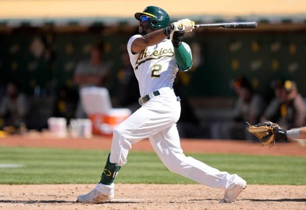 Starling Marte of the Oakland Athletics bats against the San Diego Padres in the top of the tenth inning at RingCentral Coliseum on August 04, 2021...