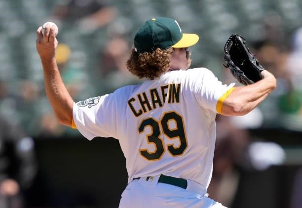 Andrew Chafin of the Oakland Athletics pitches against the San Diego Padres in the top of the seventh inning at RingCentral Coliseum on August 04,...