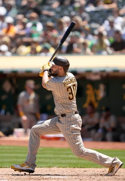 Eric Hosmer of the San Diego Padres bats against the Oakland Athletics in the top of the fourth inning at RingCentral Coliseum on August 04, 2021 in...