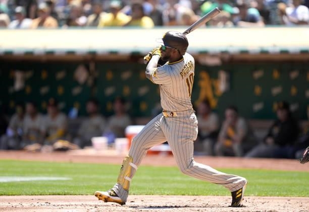 Jurickson Profar of the San Diego Padres bats against the Oakland Athletics in the top of the second inning at RingCentral Coliseum on August 04,...