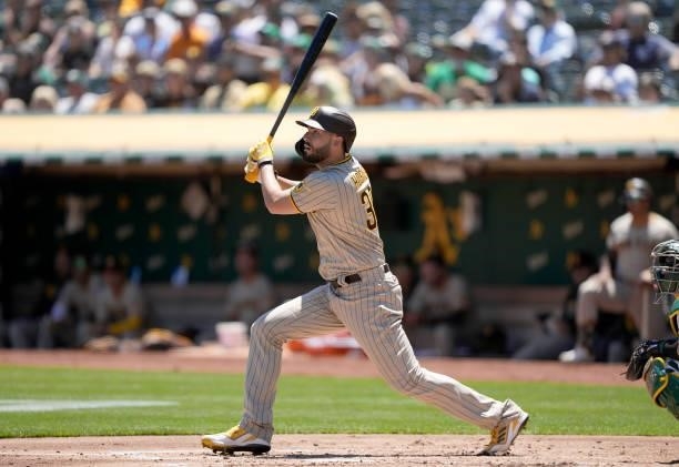 Eric Hosmer of the San Diego Padres bats against the Oakland Athletics in the top of the second inning at RingCentral Coliseum on August 04, 2021 in...