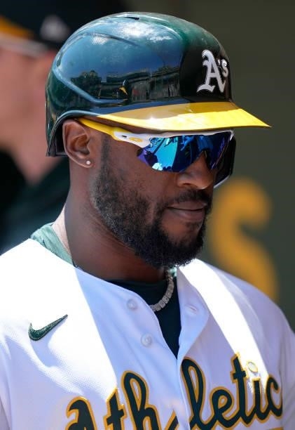 Starling Marte of the Oakland Athletics looks on against the San Diego Padres in the bottom of the first inning at RingCentral Coliseum on August 04,...