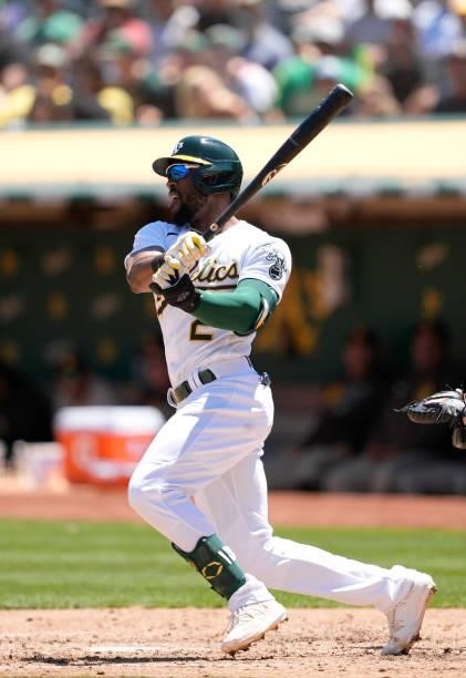 Starling Marte of the Oakland Athletics bats against the San Diego Padres in the bottom of the third inning at RingCentral Coliseum on August 04,...