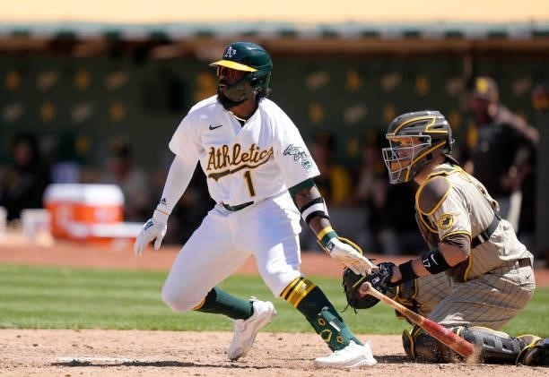 Josh Harrison of the Oakland Athletics bats against the San Diego Padres in the bottom of the six inning at RingCentral Coliseum on August 04, 2021...