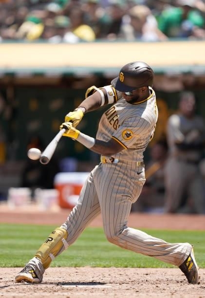Jurickson Profar of the San Diego Padres bats against the Oakland Athletics in the top of the fourth inning at RingCentral Coliseum on August 04,...