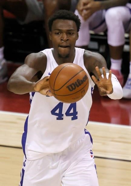 Paul Reed of the Philadelphia 76ers passes against the Dallas Mavericks during the 2021 NBA Summer League at the Thomas & Mack Center on August 9,...