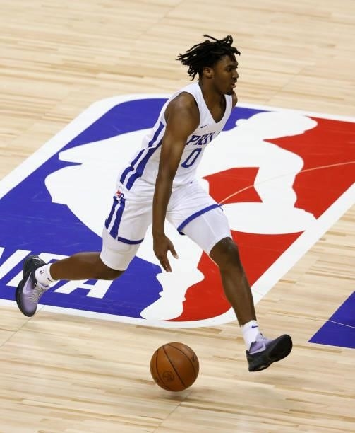 Tyrese Maxey of the Philadelphia 76ers brings the ball up the court against the Dallas Mavericks during the 2021 NBA Summer League at the Thomas &...