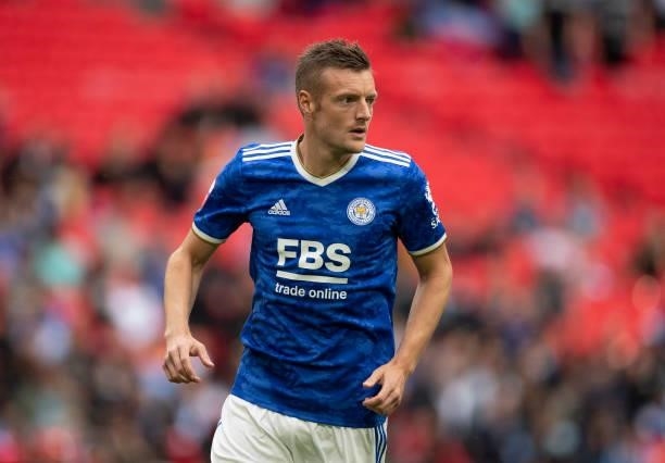 Jamie Vardy of Leicester City during the The FA Community Shield between Manchester City and Leicester City at Wembley Stadium on August 07, 2021 in...