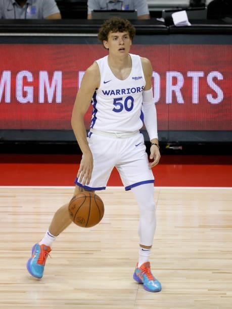 Kyle Guy of the Golden State Warriors brings the ball up the court against the Orlando Magic during the 2021 NBA Summer League at the Thomas & Mack...