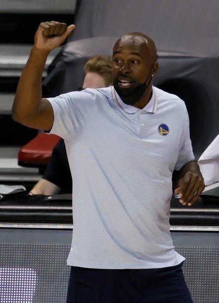 Head coach Kris Weems of the Golden State Warriors gestures during a game against the Orlando Magic during the 2021 NBA Summer League at the Thomas &...