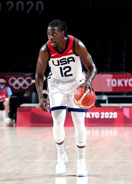 Jrue Holiday in action during the Basketball semi final match between Australia and the USA on day thirteen of the Tokyo 2020 Olympic Games at...