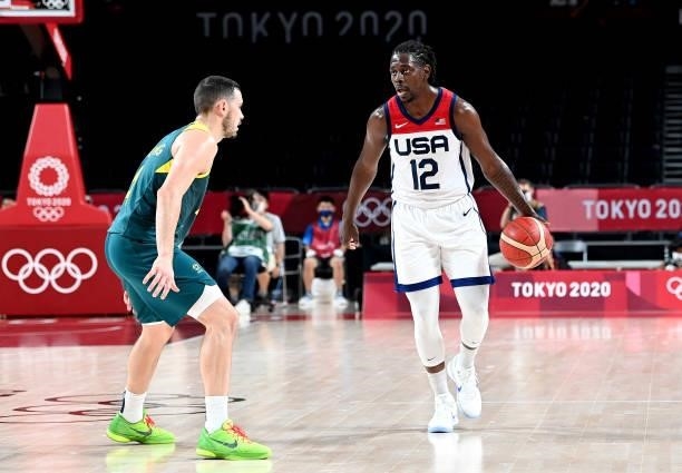 Jrue Holiday looks to takes on the defence during the Basketball semi final match between Australia and the USA on day thirteen of the Tokyo 2020...