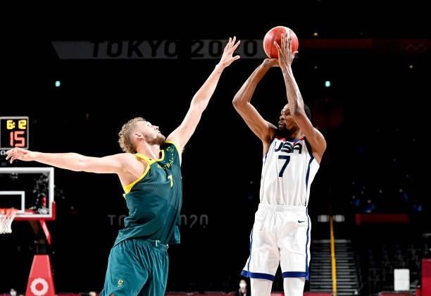 Kevin Durant of the USA shoots during the Basketball semi final match between Australia and the USA on day thirteen of the Tokyo 2020 Olympic Games...
