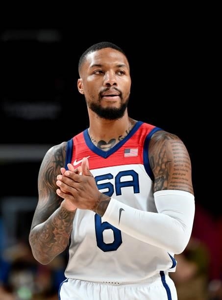 Damian Lillard of the USA during the Basketball semi final match between Australia and the USA on day thirteen of the Tokyo 2020 Olympic Games at...