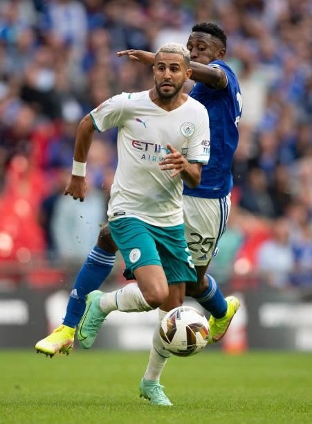 Riyad Mahrez of Manchester City and Wilfred Ndidi of Leicester City during the The FA Community Shield between Manchester City and Leicester City at...