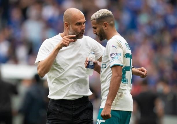 Manchester City Manager Pep Guardiola in conversation with Riyad Mahrez after the The FA Community Shield between Manchester City and Leicester City...
