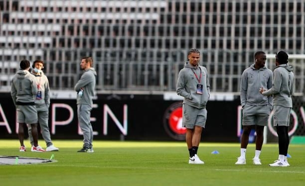 Players of PSV Eindhoven inspecting the pitch ahead of the UEFA Champions League third qualifying round second leg between FC Midtjylland and PSV...