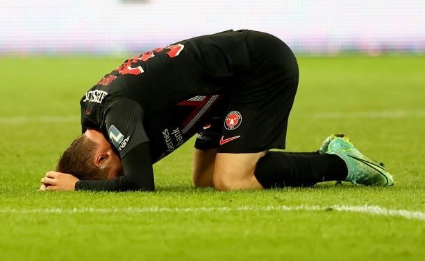 Anders Dreyer of FC Midtjylland reacts during the UEFA Champions League third qualifying round second leg between FC Midtjylland and PSV Eindhoven at...