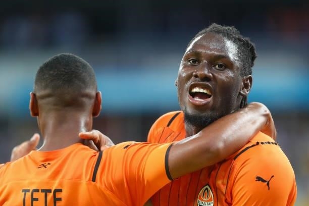 Lassina Traore of Shakhtar Donetsk celebrates after scoring his sides first goal during the UEFA Champions League: Third Qualifying Round Leg Two...