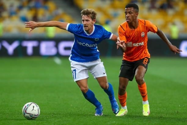 Patrik Hrosovsky of KRC Genk and Marcos Antonio of Shakhtar Donetsk during the UEFA Champions League: Third Qualifying Round Leg Two match between...