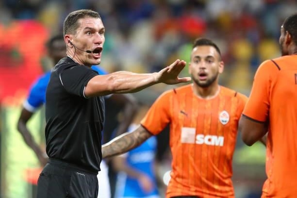 Referee Istvan Kovacs during the UEFA Champions League: Third Qualifying Round Leg Two match between Shakhtar Donetsk and KRC Genk at NSK Olimpiejsky...