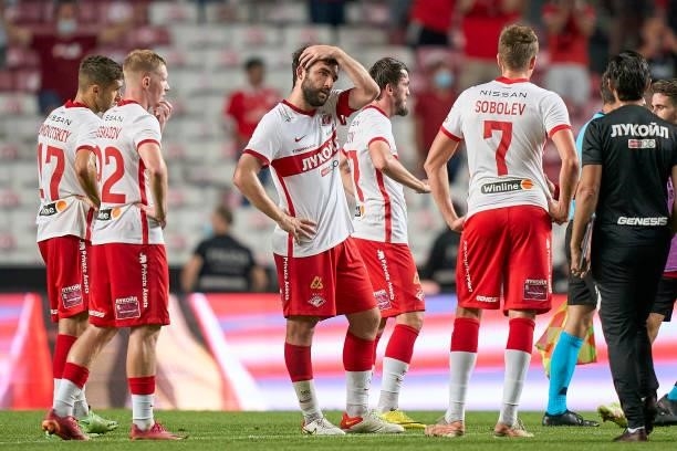 Players of FC Spartak Moskva reacts at the end of the UEFA Champions League Third Qualifying Round Leg Two match between SL Benfica and Spartak...