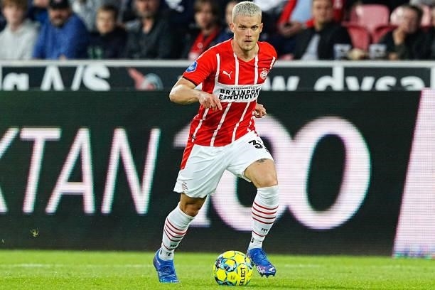 Philipp Max of PSV during the UEFA Champions League - Third qualifying round match between FC Midtjylland and PSV at MCH Arena on August 10, 2021 in...