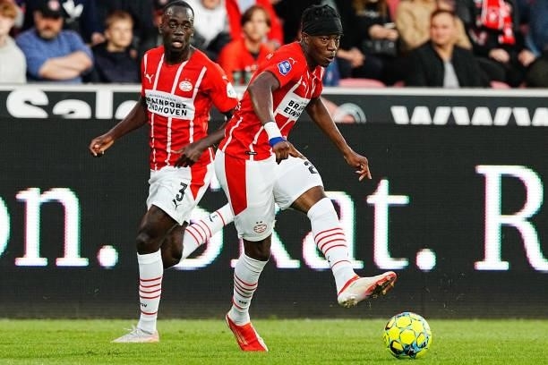Noni Madueke of PSV during the UEFA Champions League - Third qualifying round match between FC Midtjylland and PSV at MCH Arena on August 10, 2021 in...