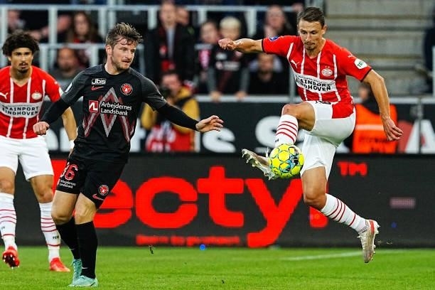 Olivier Boscagli of PSV during the UEFA Champions League - Third qualifying round match between FC Midtjylland and PSV at MCH Arena on August 10,...